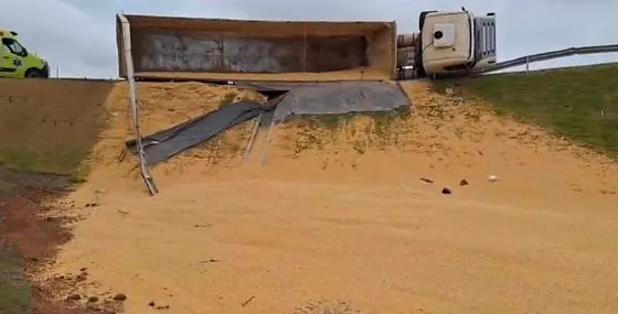 Carreta carregada com milho tomba na BR-163 e interdita rodovia 